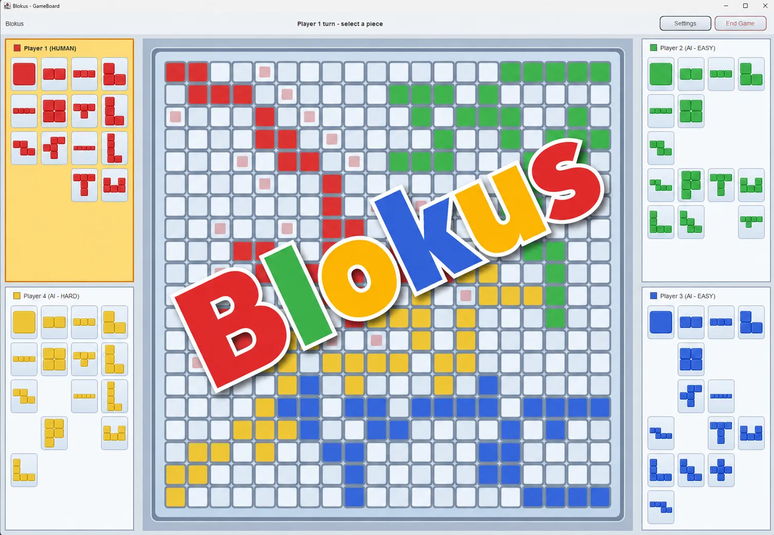 The Blokus board mid-game, with played pieces and a piece tray.