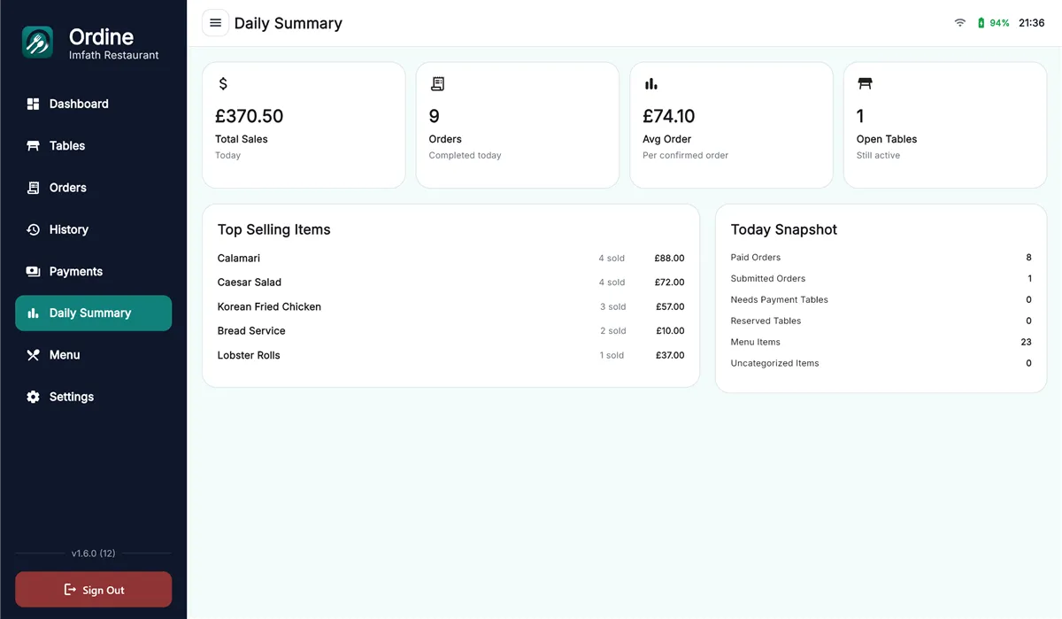 A screen from Ordine running on a restaurant till.