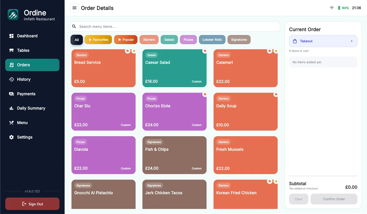 A screen from Ordine running on a restaurant till.