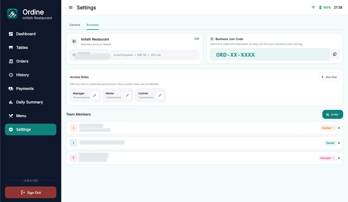 A screen from Ordine running on a restaurant till.