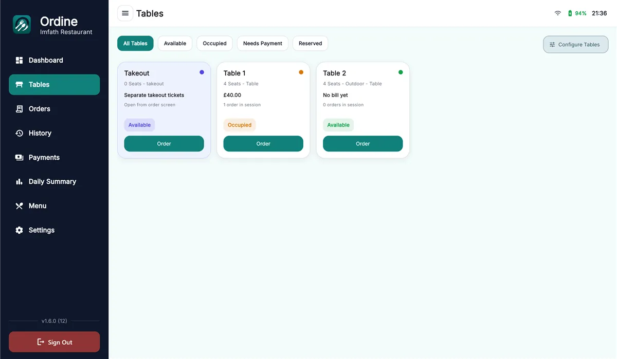 A screen from Ordine running on a restaurant till.