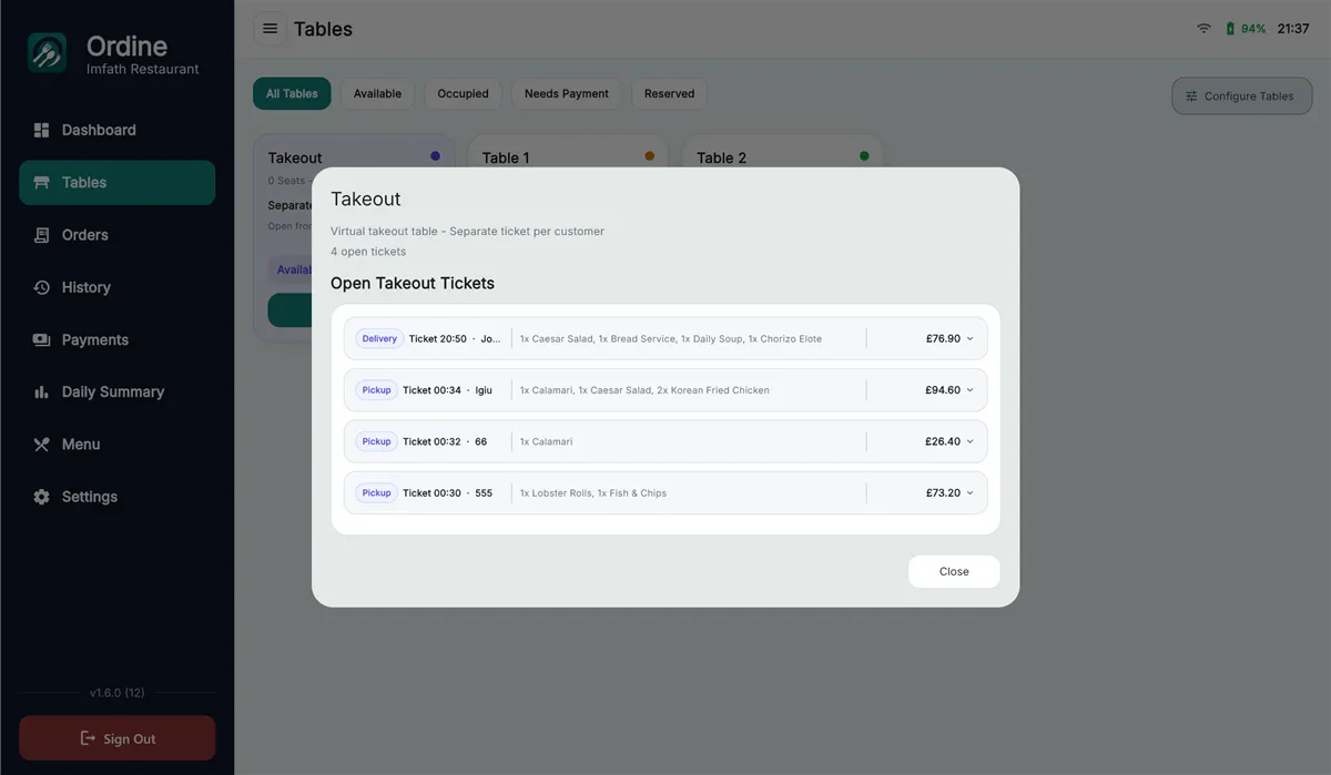 A screen from Ordine running on a restaurant till.