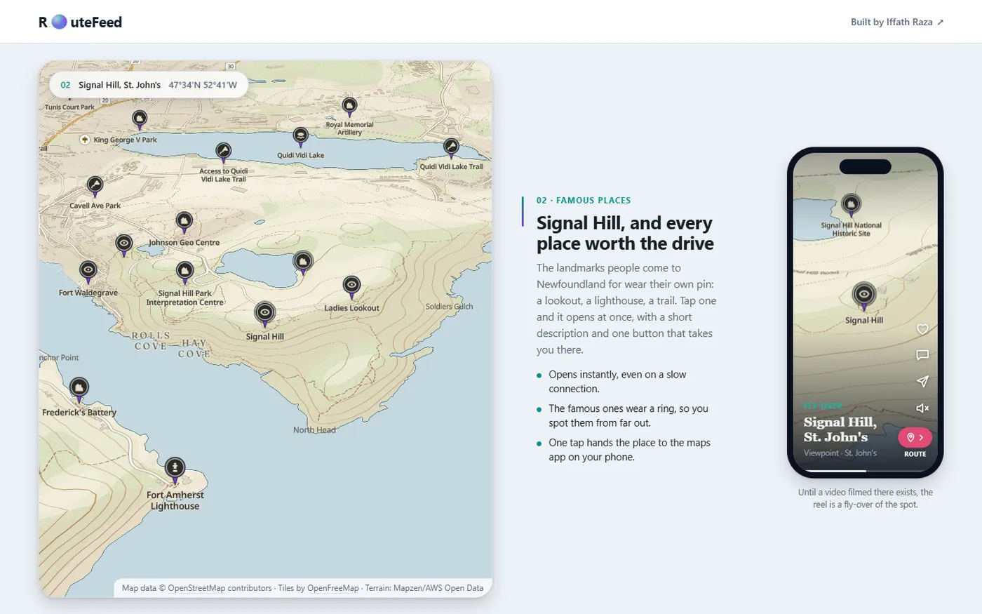 A page from the RouteFeed website, drawn on the app's own map of Newfoundland.