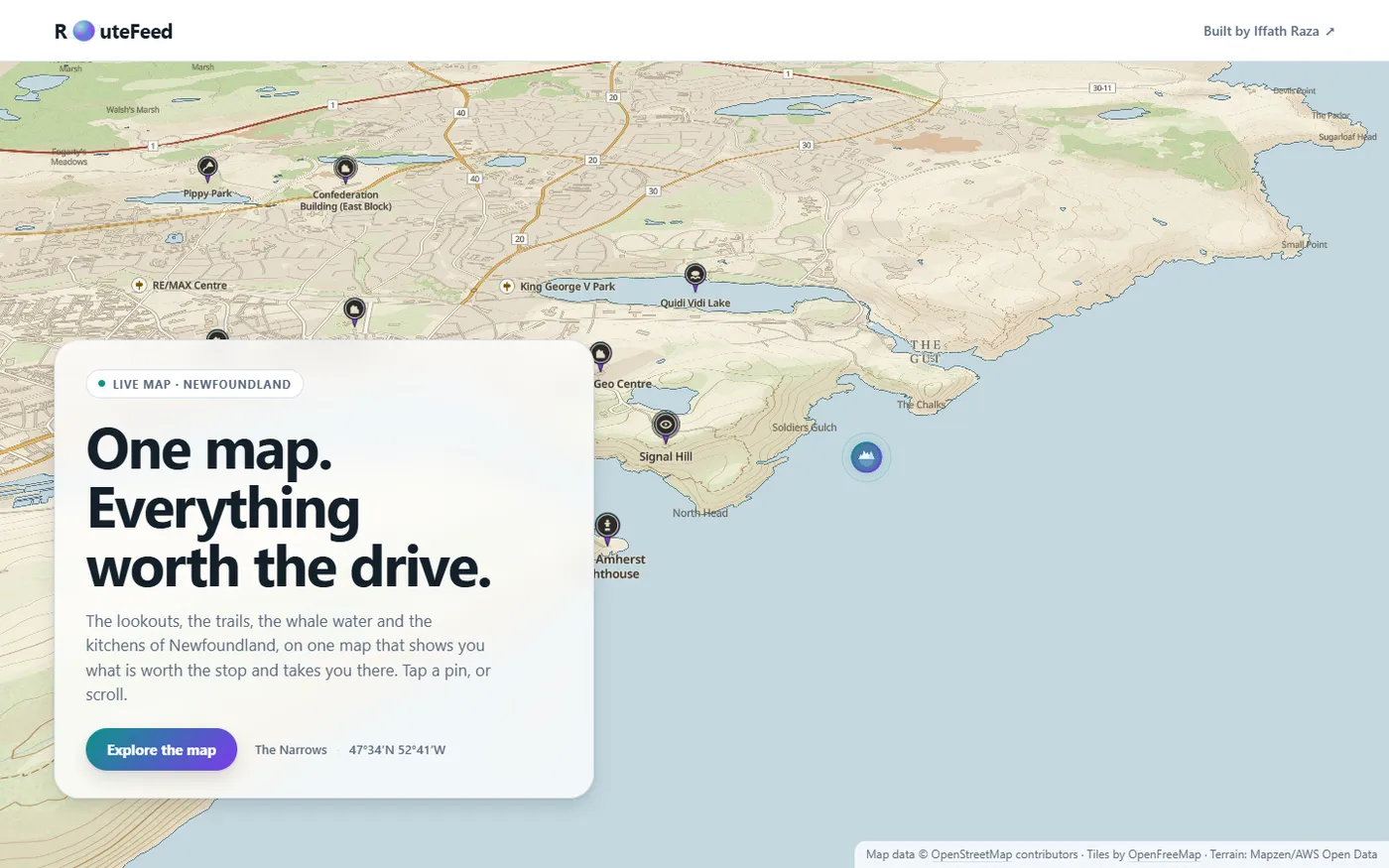 A page from the RouteFeed website, drawn on the app's own map of Newfoundland.