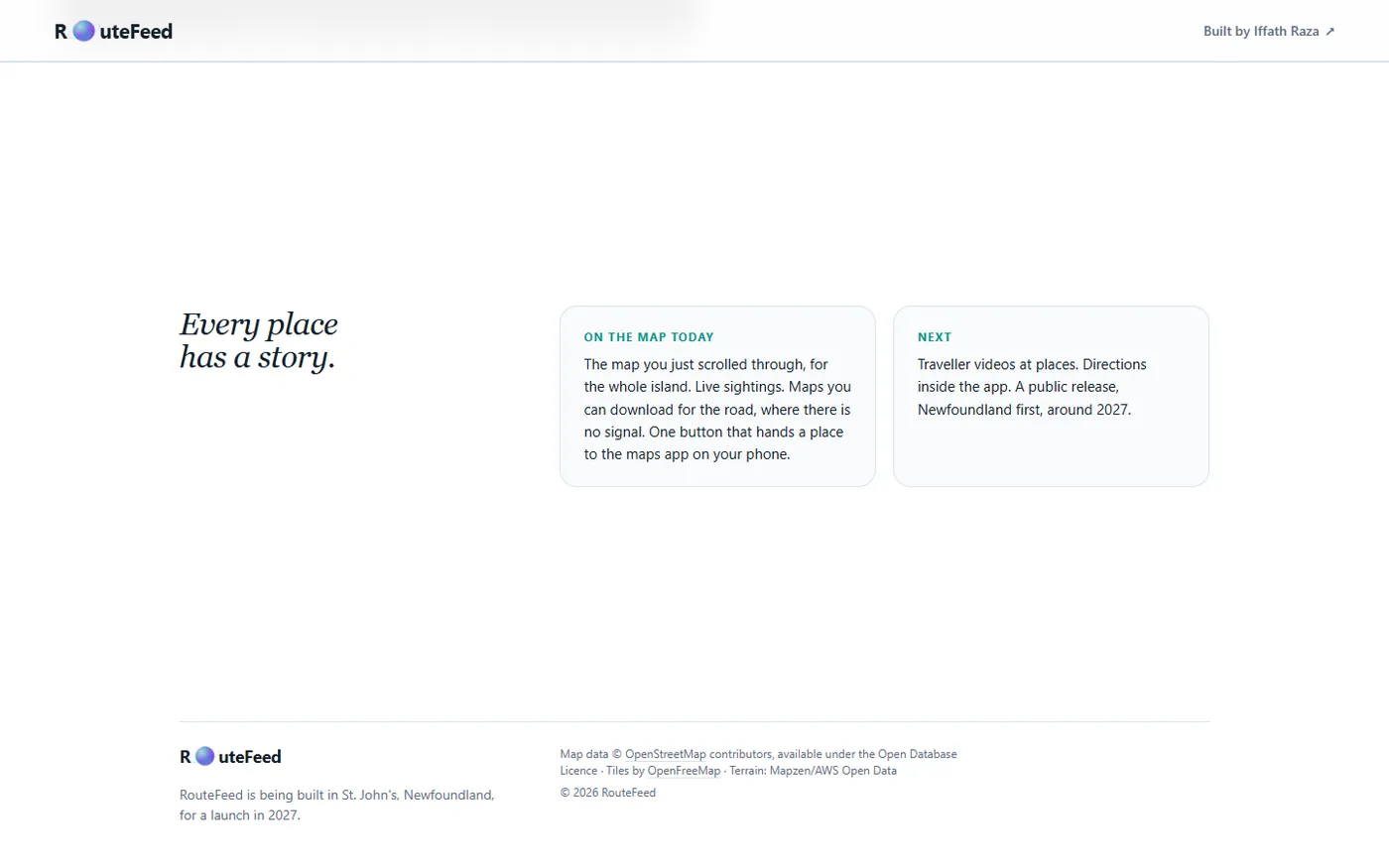 A page from the RouteFeed website, drawn on the app's own map of Newfoundland.