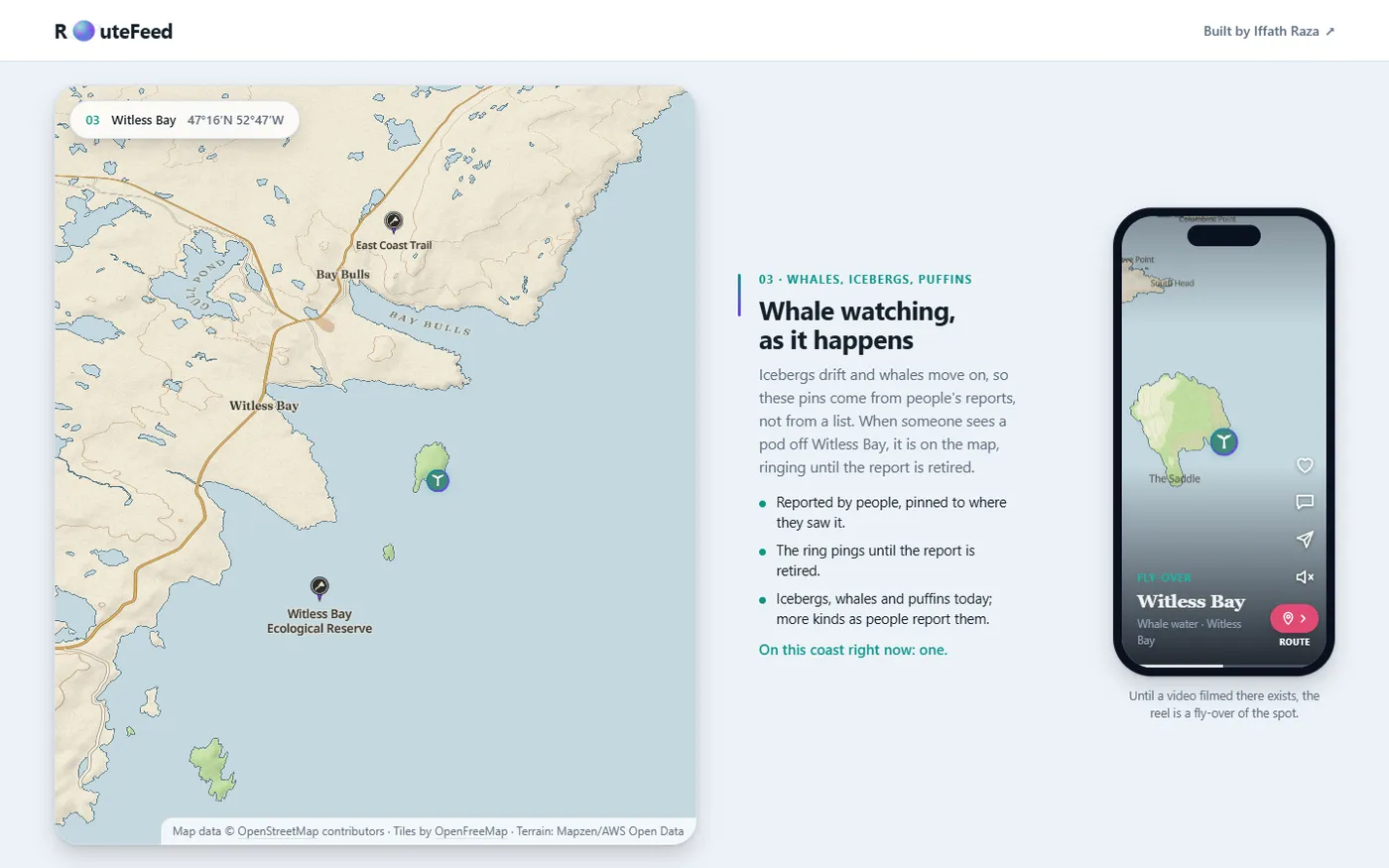 A page from the RouteFeed website, drawn on the app's own map of Newfoundland.