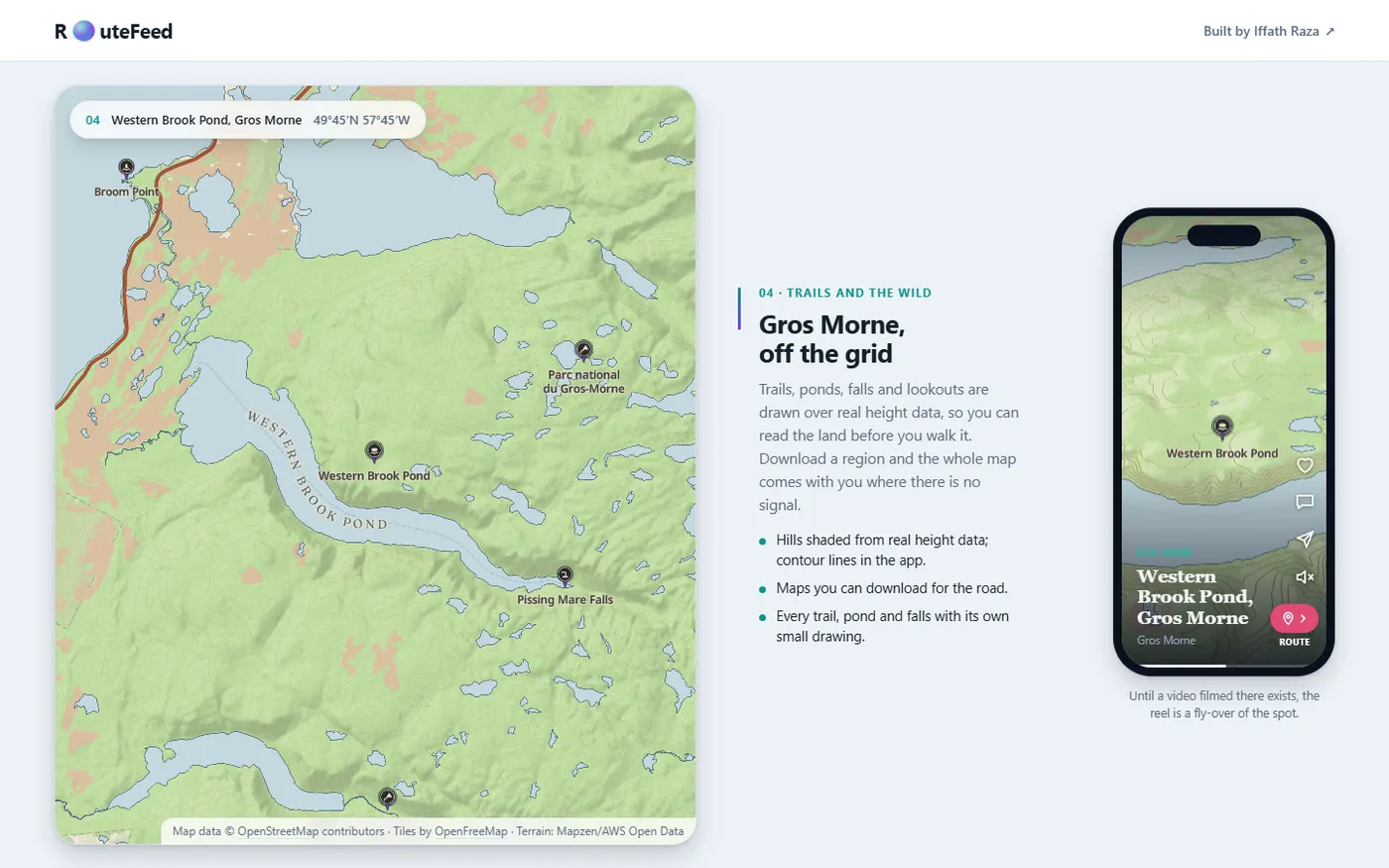 A page from the RouteFeed website, drawn on the app's own map of Newfoundland.