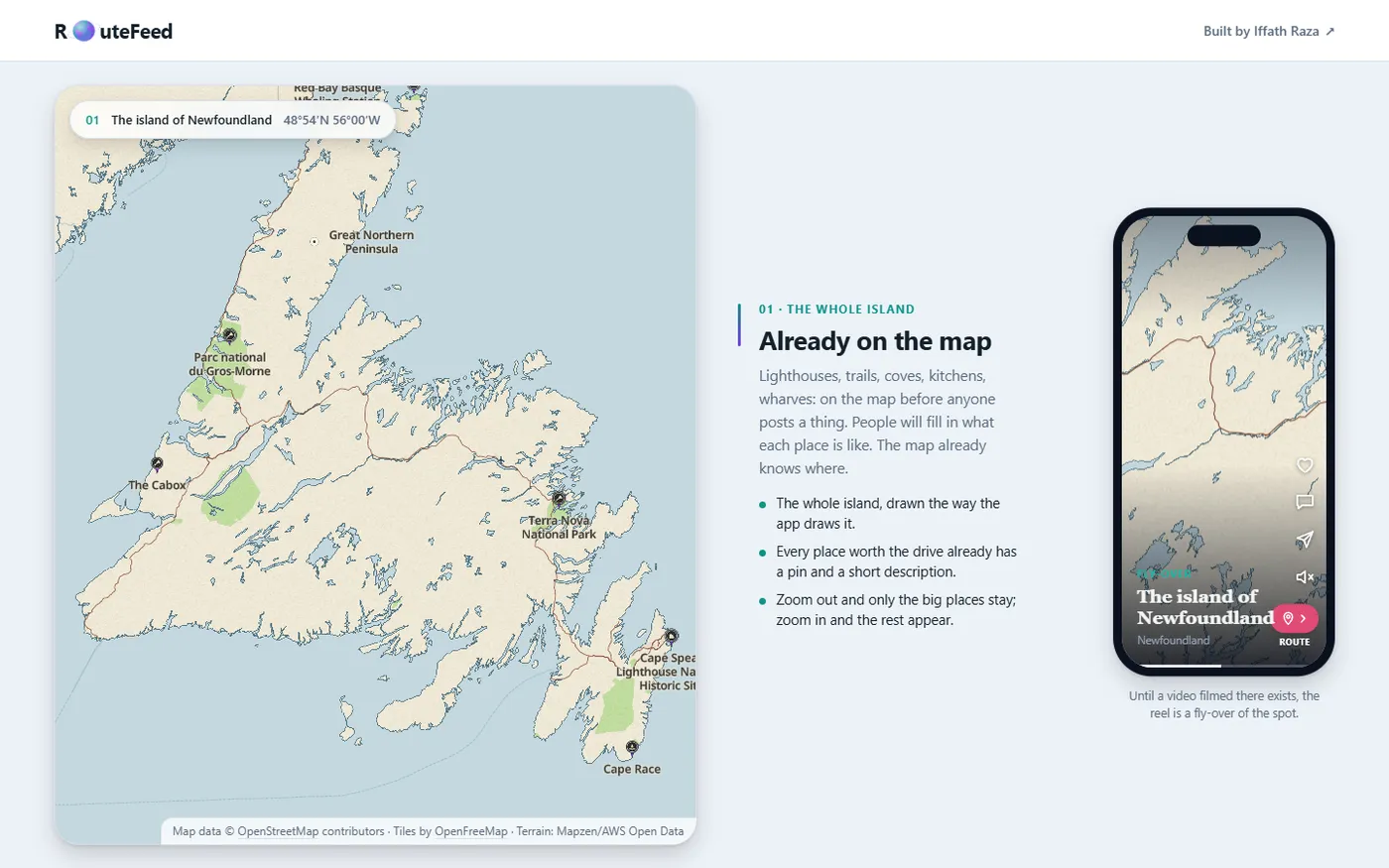 A page from the RouteFeed website, drawn on the app's own map of Newfoundland.