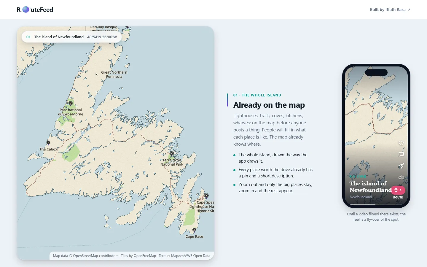The RouteFeed website showing the app's map of the island of Newfoundland, beside a phone reel for the same place.